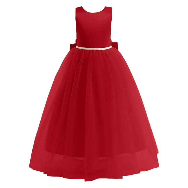 Lujianch Flower Girls Satin Pageant Dress for Wedding Kids Pearls Prom Gowns with Bow Knot Girls Formal Dresses Size 10-12 Years