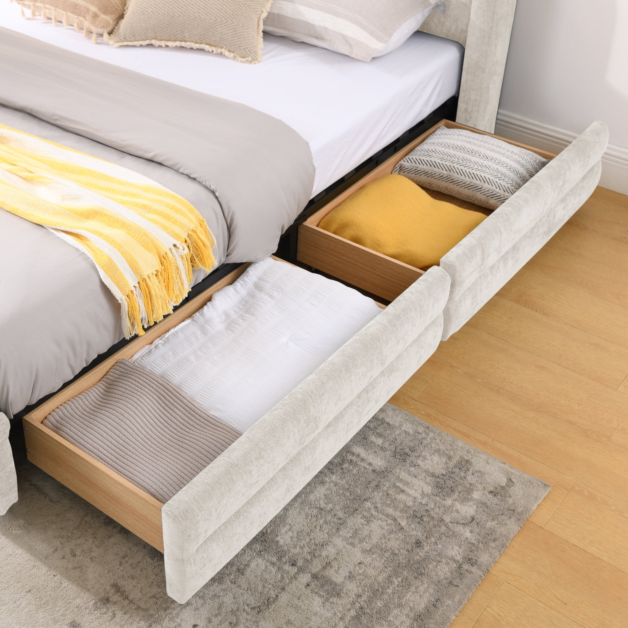 Modern Beige Wood Frame Queen Size Platform Bed, Queen Chenille Upholstered Platform Bed with Headboard & 4 Drawers