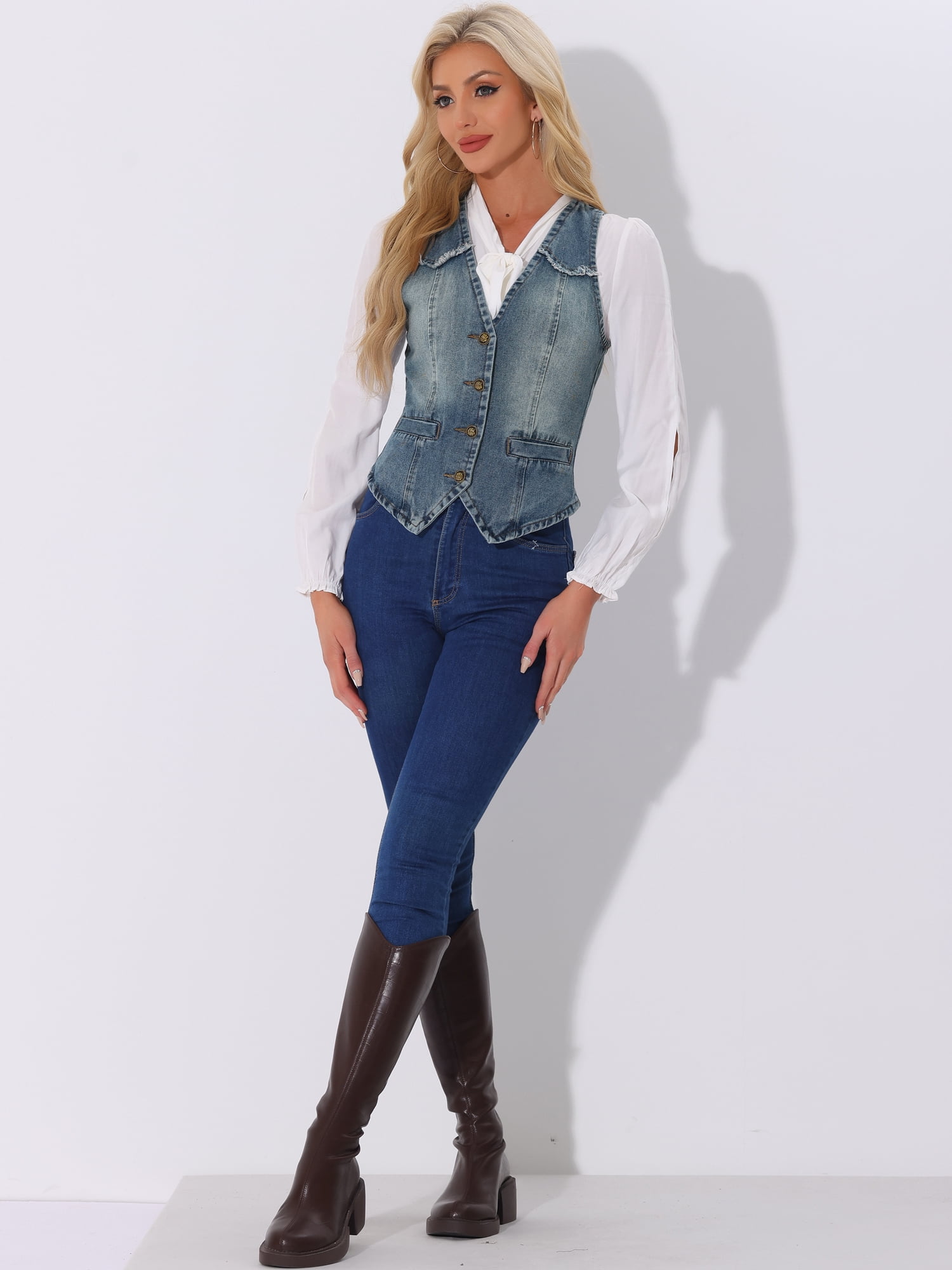 DARING DIVA Women's Denim Vest Washed Distressed Jean Jacket M Gray Blue