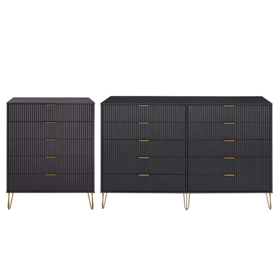 Manhattan Comfort 2-Piece DUMBO 5-Drawer Tall Dresser and 10-Drawer Double Tall Dresser with 15 Full Extension Drawers in Black