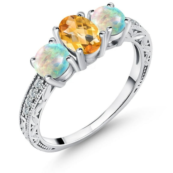 Gem Stone King 1.85 Cttw Oval Checkerboard Yellow Citrine and White Simulated Opal 925 Silver Ring for Women | Gemstone Birthstone (Size 7)