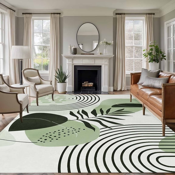 Area Rug for Living Room, Boho Geometric Non-Slip Indoor Large Carpet for Bedroom/Dining Room, Farmhouse Green Abstract Stripes Leaves Washable Low-Profile Rectangle Floor Runner Rugs - 5 x 7 Ft