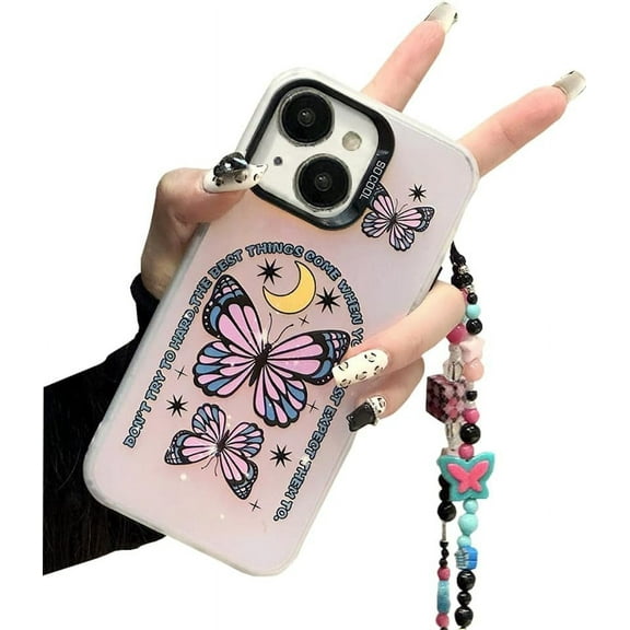 Compatible for iPhone 15 Case with Phone Charm Chain,Pink Butterfly Stars Moon Matte Frosted Cute Phone Case for iPhone 15 Women Girly Protective Case