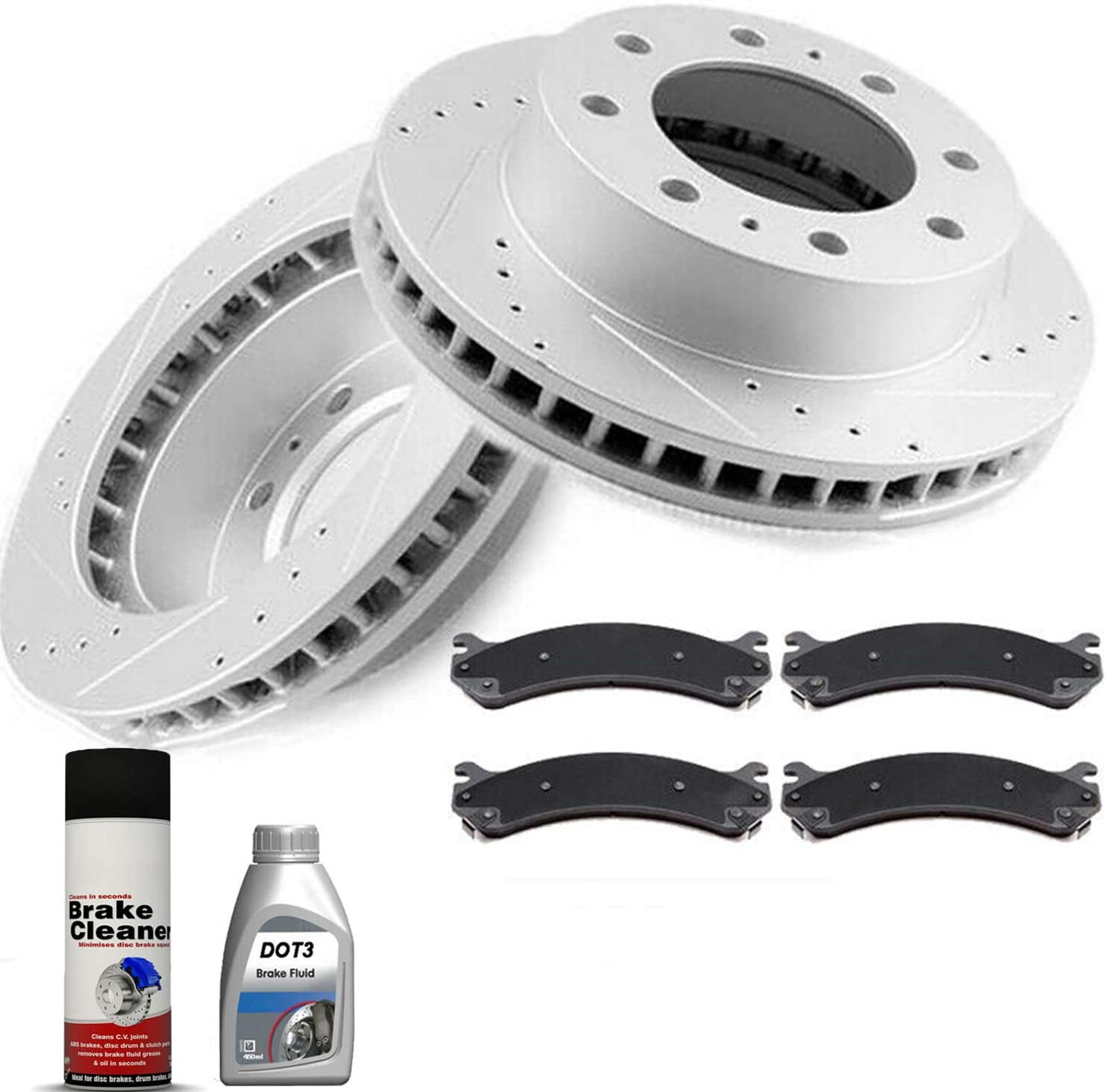 Front Slotted Drilled Brake Rotors w/Ceramic Brake Pads + Cleaner