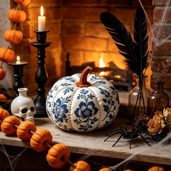 Blue and White Floral Fabric Pumpkin, 8.5x3.7x2.5 Inch Oxfords Cloth Faux Pumpkin for Thanksgiving Table Centerpiece Fall Farmhouse Decor