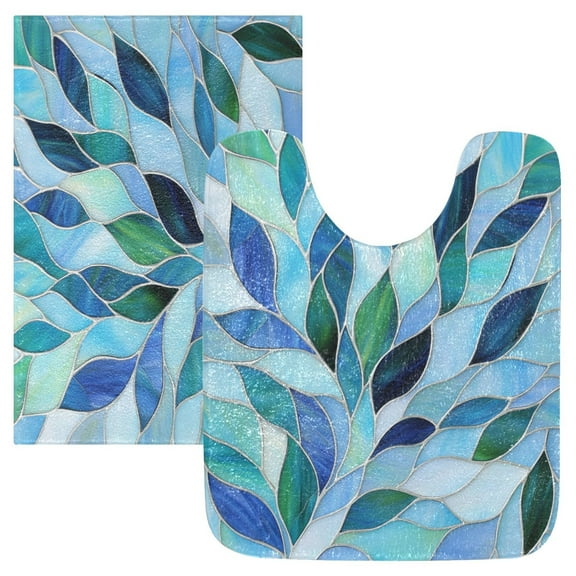 2 Piece Soft Bathroom Rug Set Blue and Green Leaves Bath Mat and U-Shaped Toilet Contour Rug (16"x24" 20"x24")