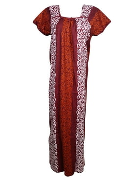 Mogul Women Caftan Maxi Dress Printed Maroon Night Wear Nightgown House Dresses L