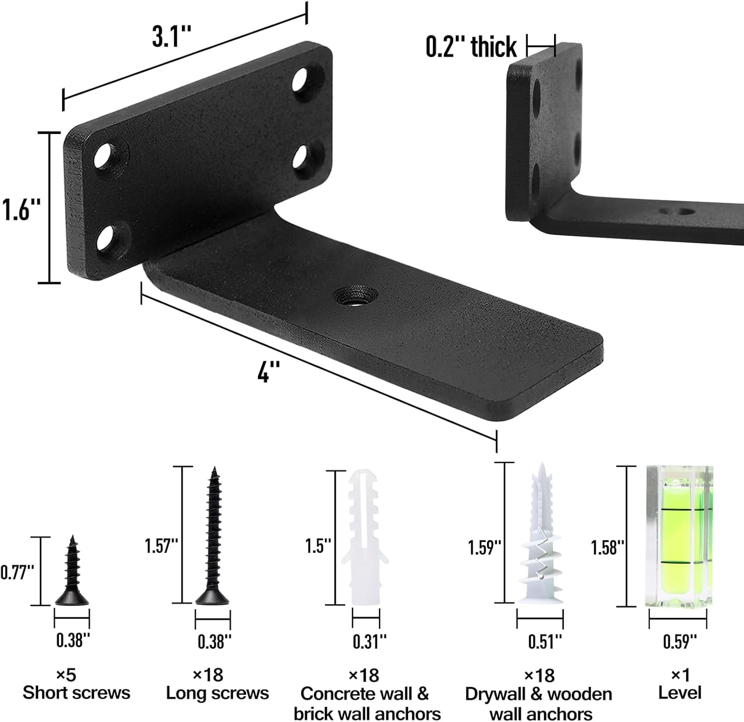 Heavy Duty Floating Shelf Brackets 4-Inch (1/5'' Thick) Hidden Shelves Hardware Iron L Rustic Industrial Black Metal Wall Shelving Supports 4 Pack