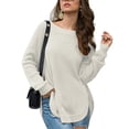 thumbnail image 1 of Mujeres suéter de punto manga larga split hem crewneck dobladillo curvado suelta otoño superior para invierno otoño, 1 of 5