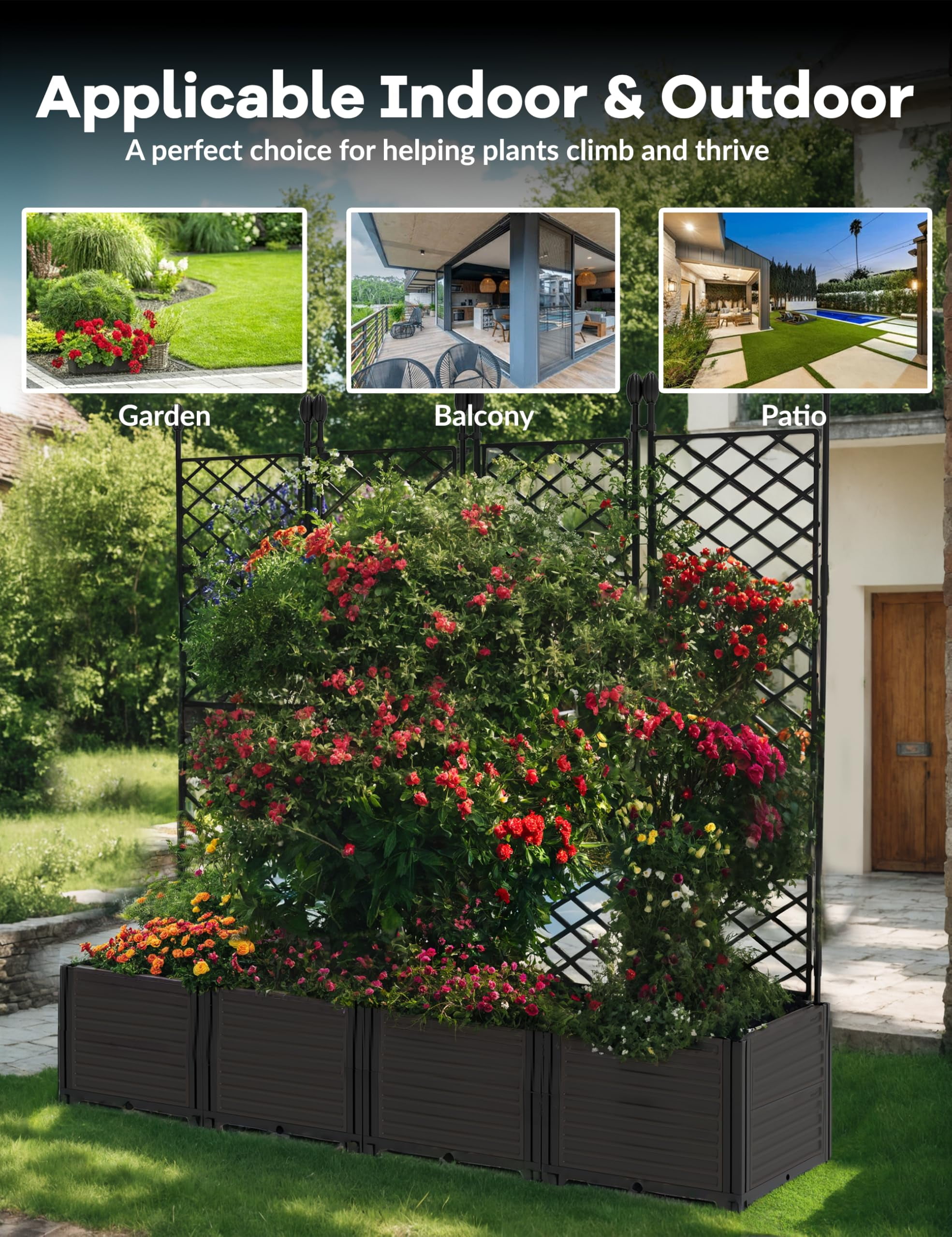 Goldensoil 4-Pack Raised Garden Bed with Trellis,Outdoor Plastic Planter Box for Climbing Plants