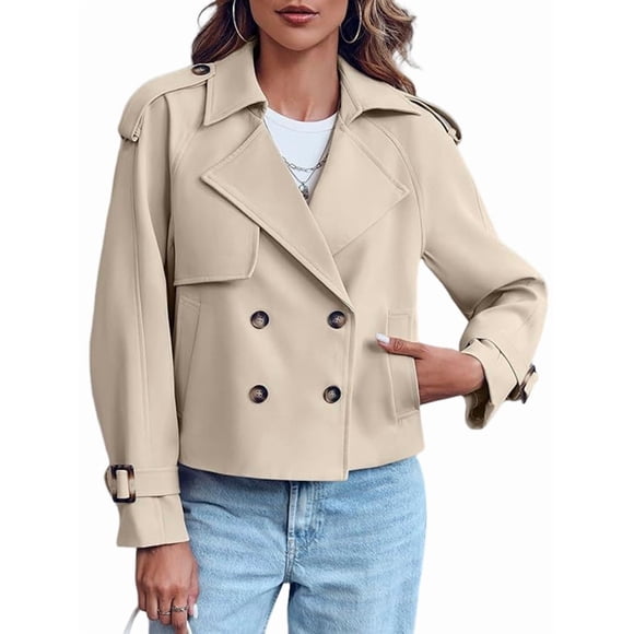 Women Long Sleeve Double Breasted Notched Lapel Casual Loose Fit Cropped Trench Jackets with Pockets Beige S