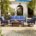 thumbnail image 2 of JERFIT 5-Piece Outdoor Patio Sectional Set with Swivel Rocking Chairs, PE Wicker 3-Seater Sofa Conversation Set with Wood Table for Poolside, Deck, Backyard, Blue, 2 of 10