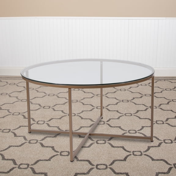 Flash Furniture Greenwich Collection Coffee Table - Modern Clear Glass Accent Table with Crisscross Brushed Gold Frame