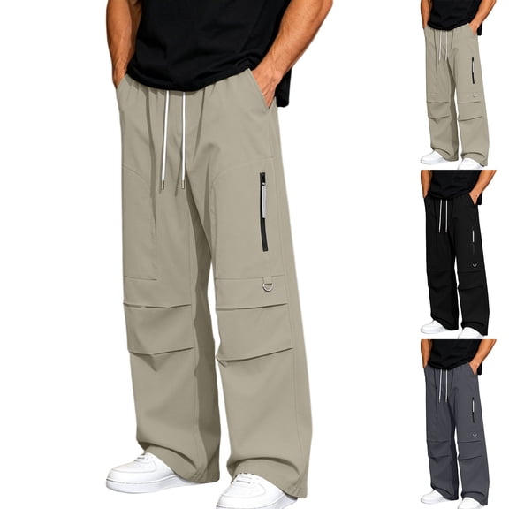 Tqyyweavej Men's Casual Cargo Pants Plus Size Straight Leg Trousers with Zip Pockets Drawstring Wide Leg Outdoor Joggers for Hiking M-4XL