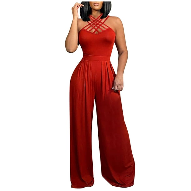 Formal Jumpsuits for Women Dressy Criss Cross Halter Romper Womens High  Waisted Wide Leg Overalls Sexy Jumper Plus Size