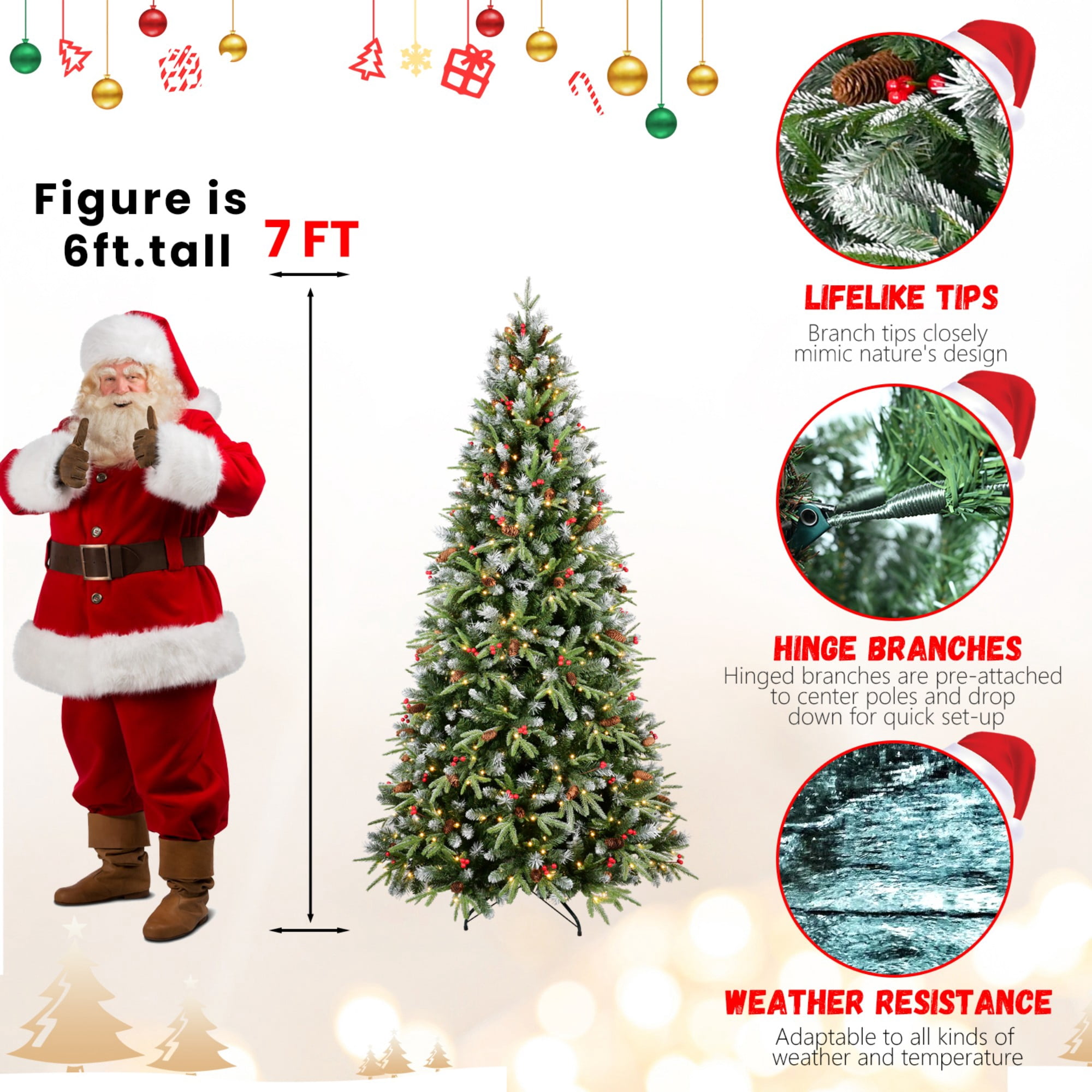 DEALTOPS 7 FT Pre-Lit Snow-Tipped Christmas Tree with Red Berries, Pine Cones, 450 Warm White LEDs & 2178 Tips