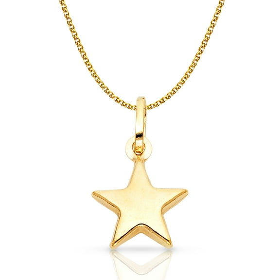 14K Yellow Gold Plain Star Charm Pendant with 1.2mm Flat Open Wheat Chain Necklace - 16"