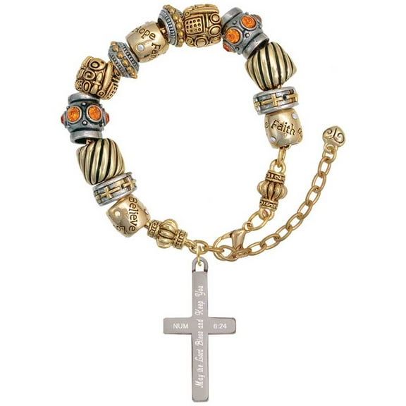 Stainless Steel Numbers 6:24 - Bless and Keep You Engraved Cross - Two Tone Christian Bead Bracelet