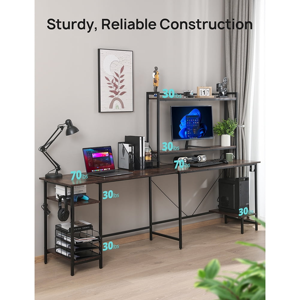 Resenkos 94.5” Computer Desk Console Table, Two Person L-Shaped Gaming Desk Office Desk with Outlets and USB Ports for Home Office, Adjustable Shelf, Brown