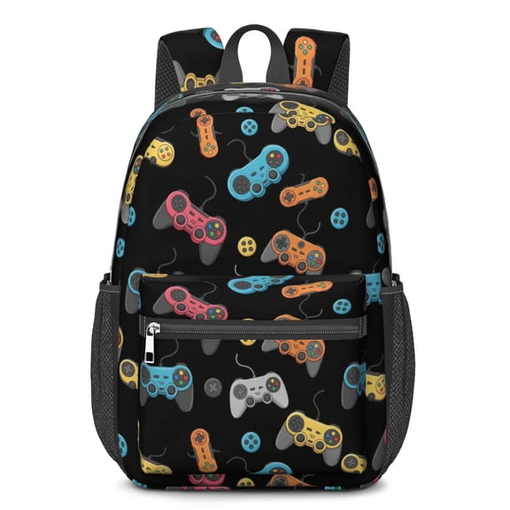 Game Controller Black Pattern 17" School Backpacks for Teens,Waterproof Oxford Fabric,S-Shape Padded Straps for School,Travel,Hiking,Camping