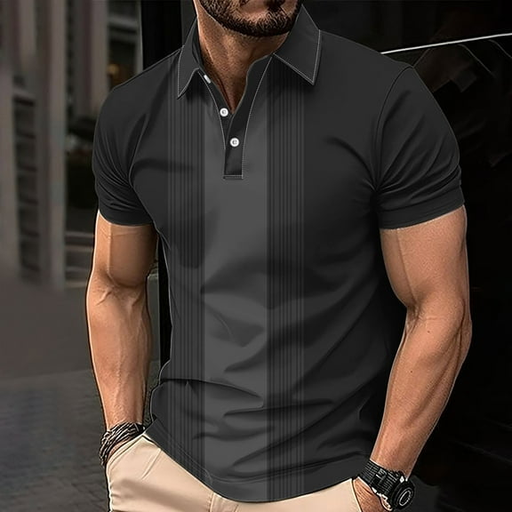 COSFO Pullover Men Polo Shirt Casual Collared Short Sleeve Striped Tops Loose Button Graphic Tees