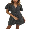 thumbnail image 1 of Femmes Casual Mousseline de Soie Mini Robe Manches Courtes Point Imprimé V Cou Taille Haute une Robe de Ligne d'Été Robe de Plage, 1 of 6