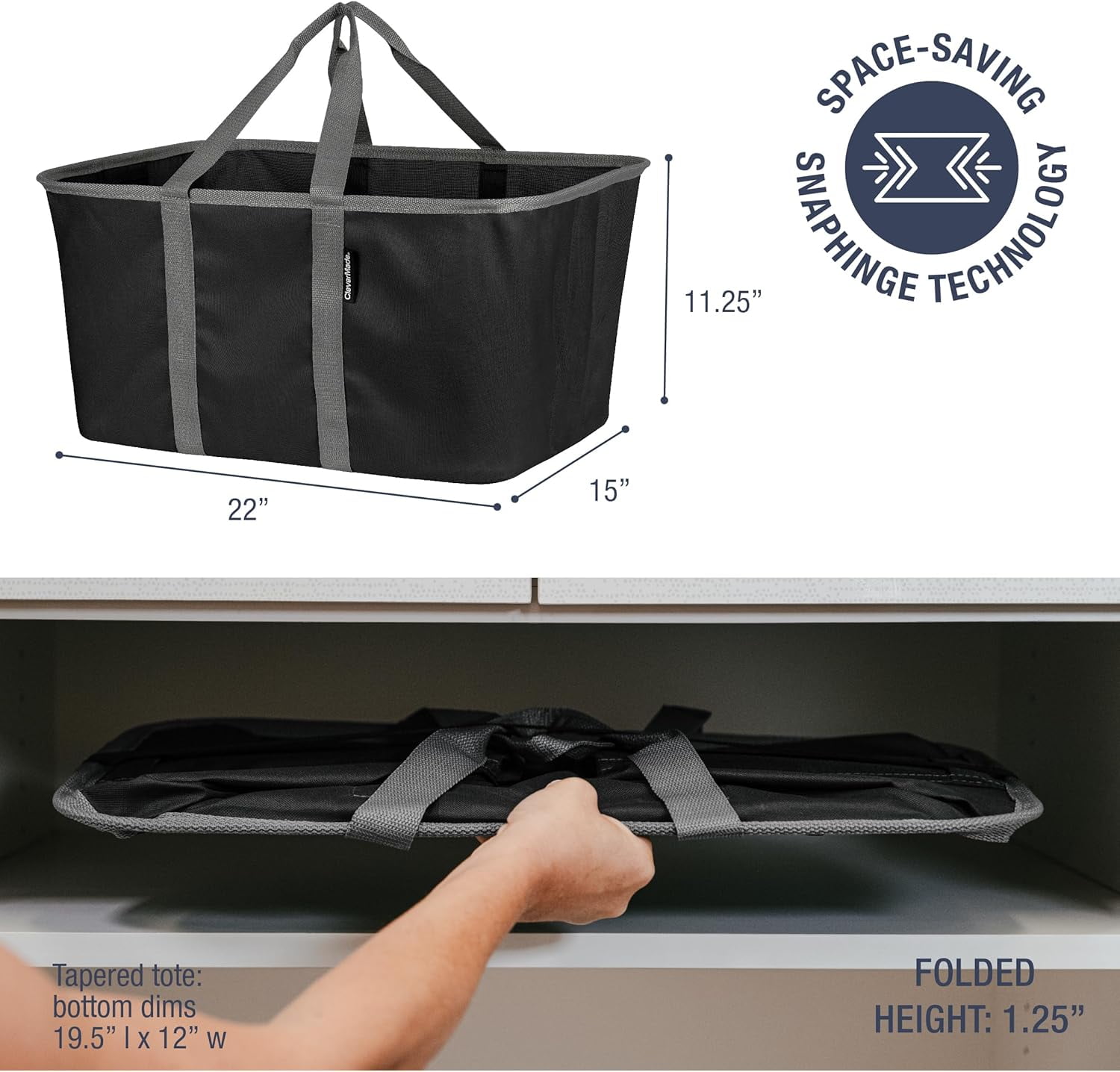 CleverMade Collapsible Laundry Tote, Midnight Black/Shadow Gray, 2-Pack