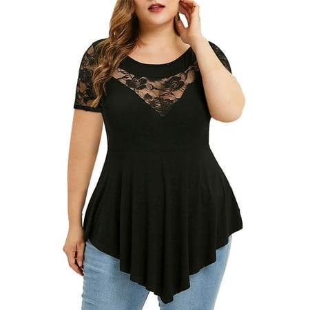 Women Plus Size Top Short Sleeve Lace Patchwork Pleated Asymmetric Tunic Tops Dressy Casual Solid Babydoll Tee Blouse