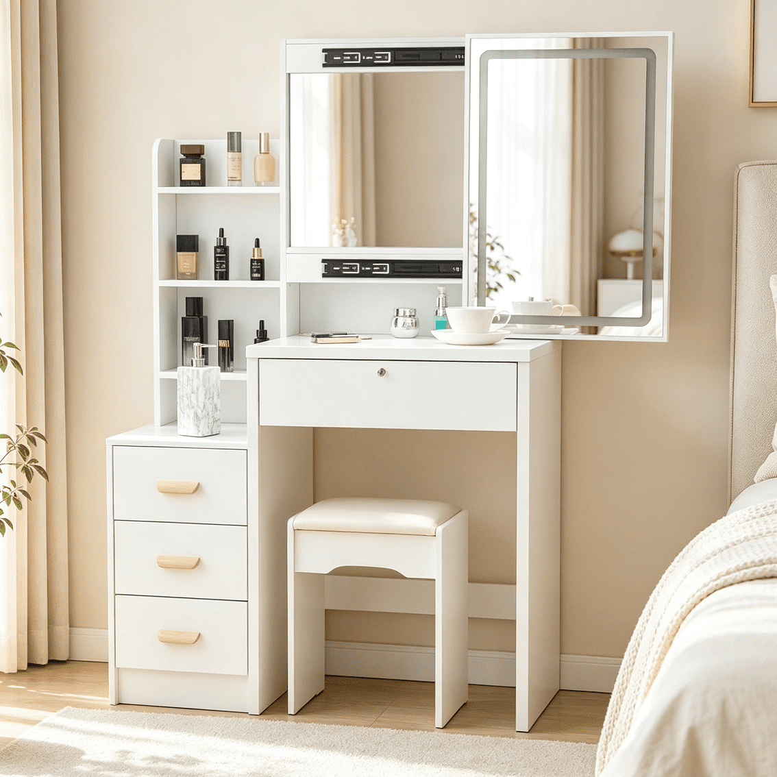 Vanity Table Set includes LED-lit mirror, bedroom makeup table with storage and cushioned stool, Vanity Desk for Women (White)