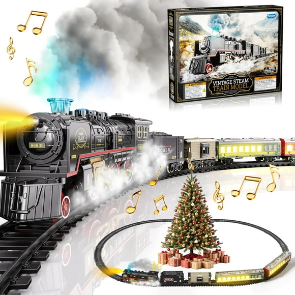 Funwee Train Set with Glowing Passenger Carriages for Under Christmas Tree,Electric Train Toy with Smoke,Light and Sound,Birthday Gifts Idea for 3 4