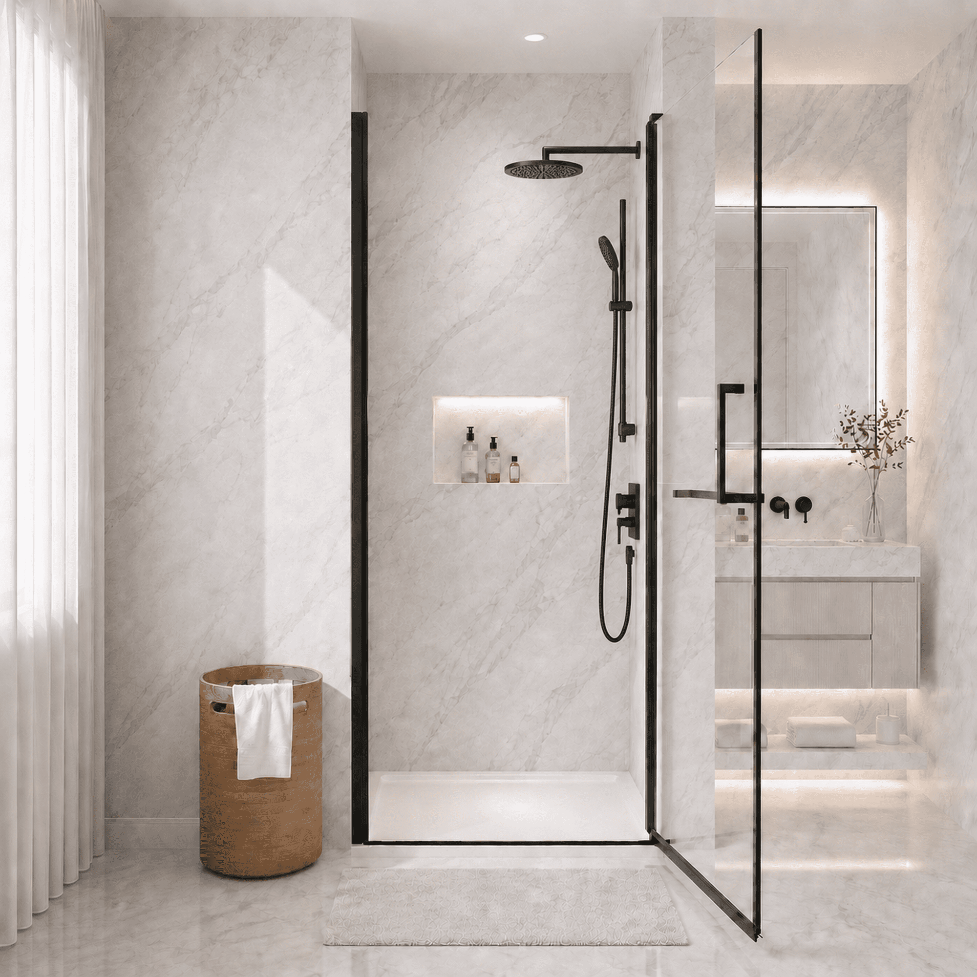 Aukfa 32-33.2" W x 72" H Matte Black Semi-Frameless Pivot Bi-Fold Shower Door, 1/4" Tempered Glass