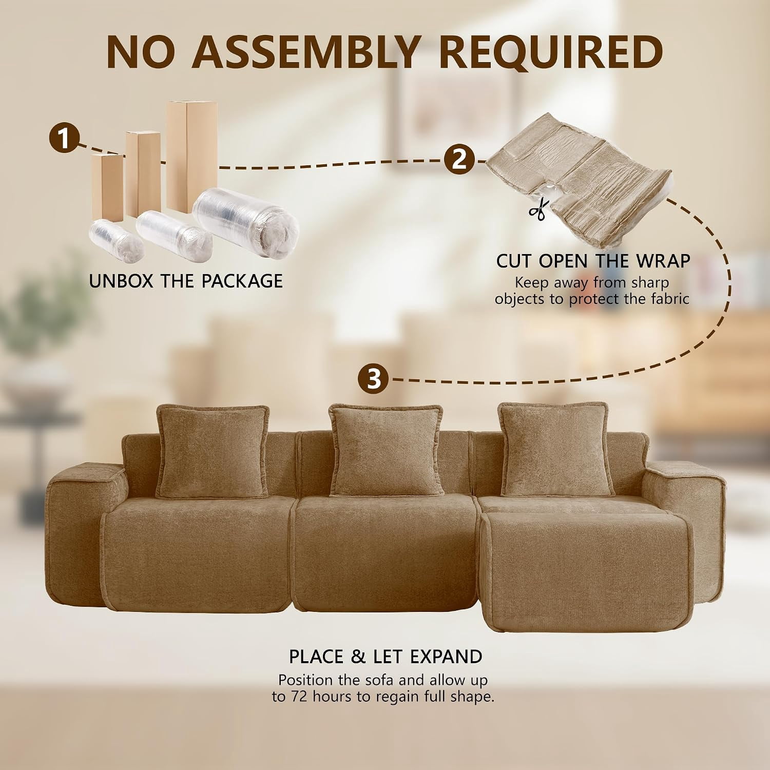 109" 3-Seat Modular U-Shaped Sectional Sofa, Brown Velvet with Throw Pillows, No Assembly Required
