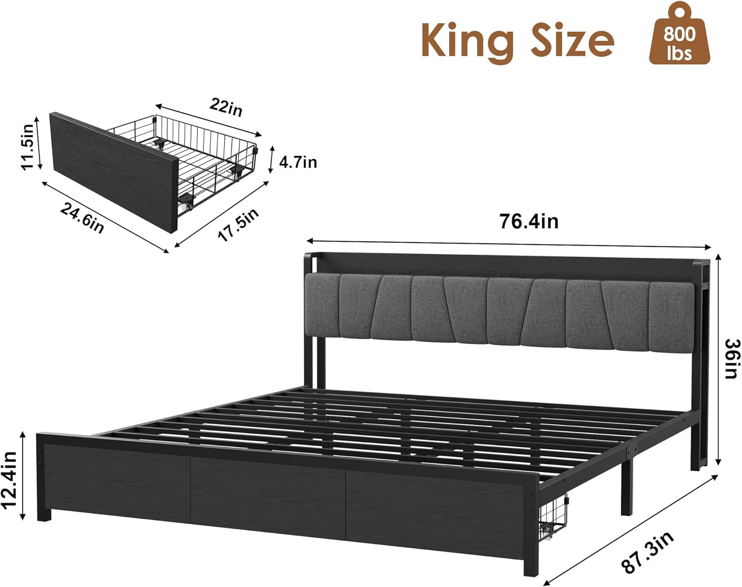 Yesurprise King Size Bed Frame with Storage Headboard, Industrial Full Platform Bed with 2 Large Drawers and Charging Station, No Box Spring Needed Noise Free