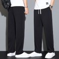 thumbnail image 1 of Men Pants Mid-Rise Elastic Waistband Sweatpants Drawstring Pocket Wide Leg Ribbed Ultra-Thin Ice Silk Casual Trousers Streetwear, 1 of 5
