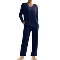 Diufon Women's Oversized Pajama Set 2 Piece Knitted Long Sleeve V Neck Tops and Wide Leg Pants Sleepwear Outfit