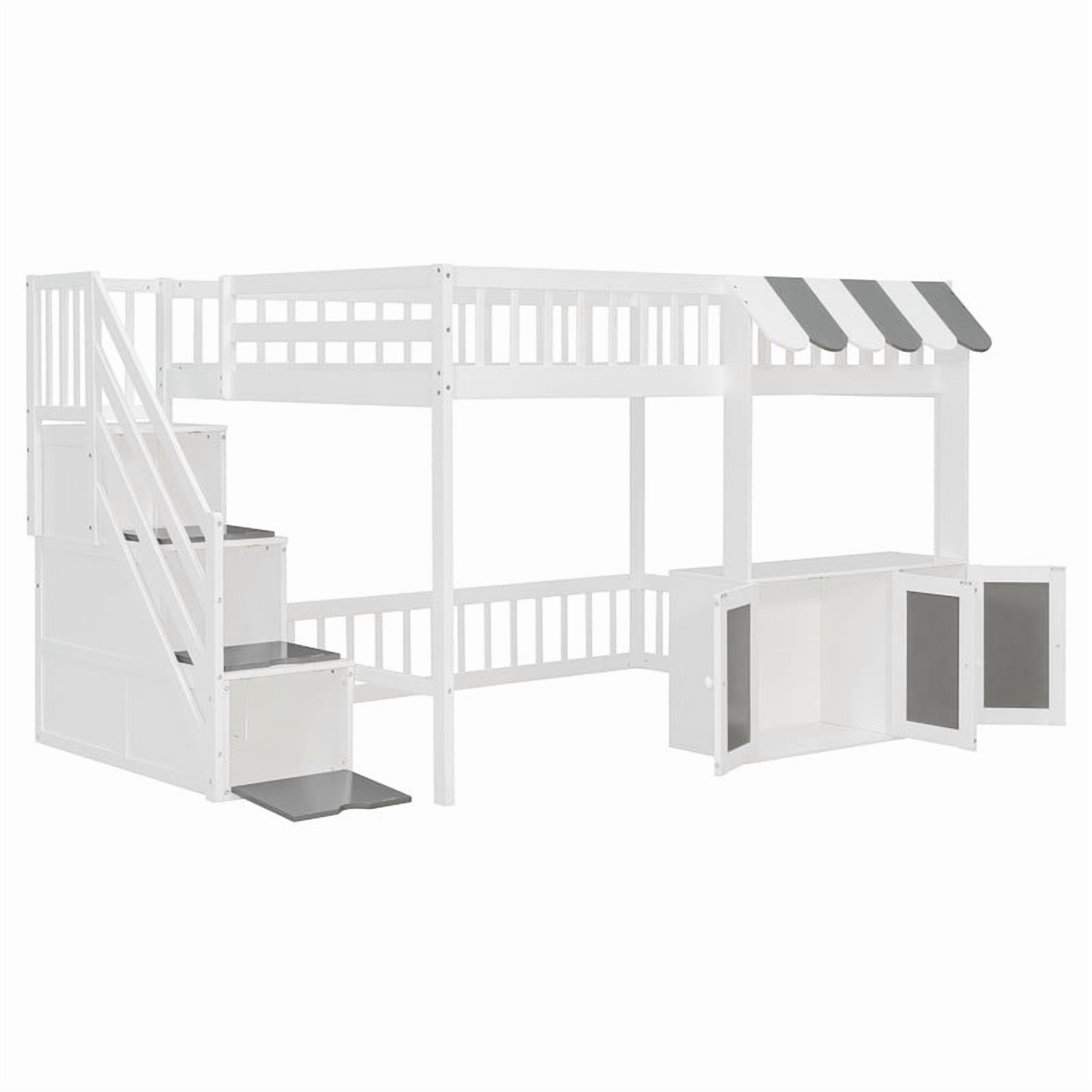 Full Size Playhouse Kids Loft Bed with Eaves Design, Wood Child Bed Frame with Storage Staircase, LED Light & Under Bed Cabinets