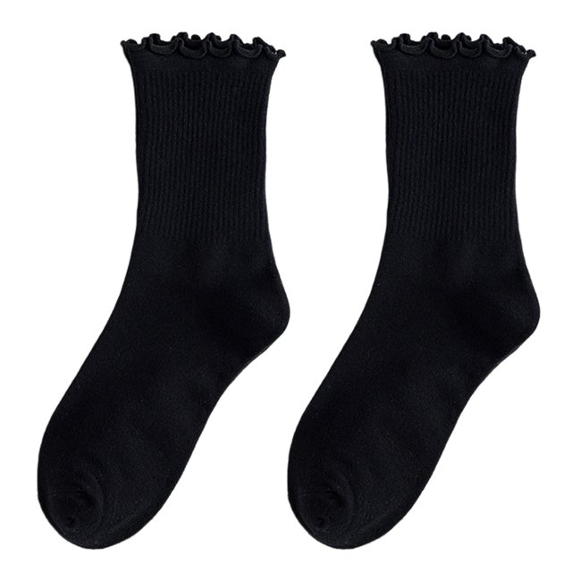CSChome Shirring Edge Socks Women Mid-tube Shirring Edge Japanese Style Solid Color High Elasticity Slip Thin Soft Breathable