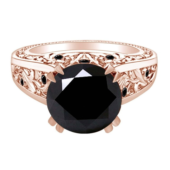 AFFY 2.08 Carat Round Shape Black Diamond Filigree Engagement Ring 14K Solid Rose Gold Ring Size-5