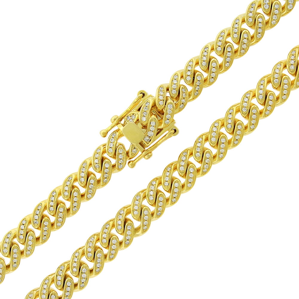 .925 Sterling Silver 8.5mm CZ Iced Out Miami Cuban Curb Link Bling Chain  Necklace Yellow Gold Plated
