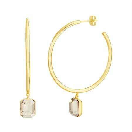 Gold Plated Brass Crystal - Lesa Michele Women's Faceted Crystal Emerald Shaped Dangle 40MM Hoop Earrings in Yellow Gold Plated Brass Made with Swarovski Crystals (Color: Champagne)