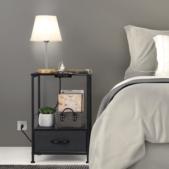 Nightstand with Charging Station Black Side End Table with USB Ports and Outlets in Bedrooms Living Room, Black