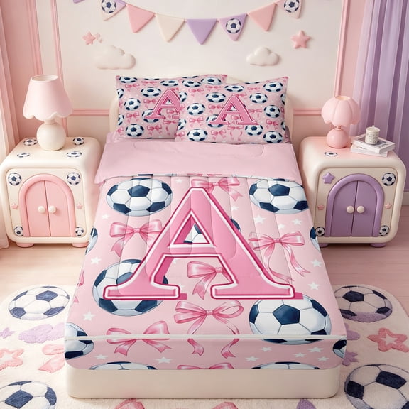 Manfei Pink 3D ABC Print A Zipper Twin Comforter Sets with Fitted Sheet and 2 Pillowcases,Cute Coquette Bow Zipper Bedding Set,Pink Reversible,4-Piece