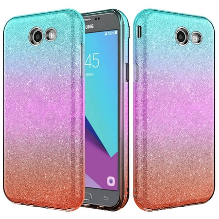 For Samsung Galaxy J3 Luna Pro, J3 Eclipse, J3 Mission, J3 2017, Galaxy Sol 2, Slim Glitter Shine Hybrid TPU Case with reinforced Polycarbonate backing - Teal