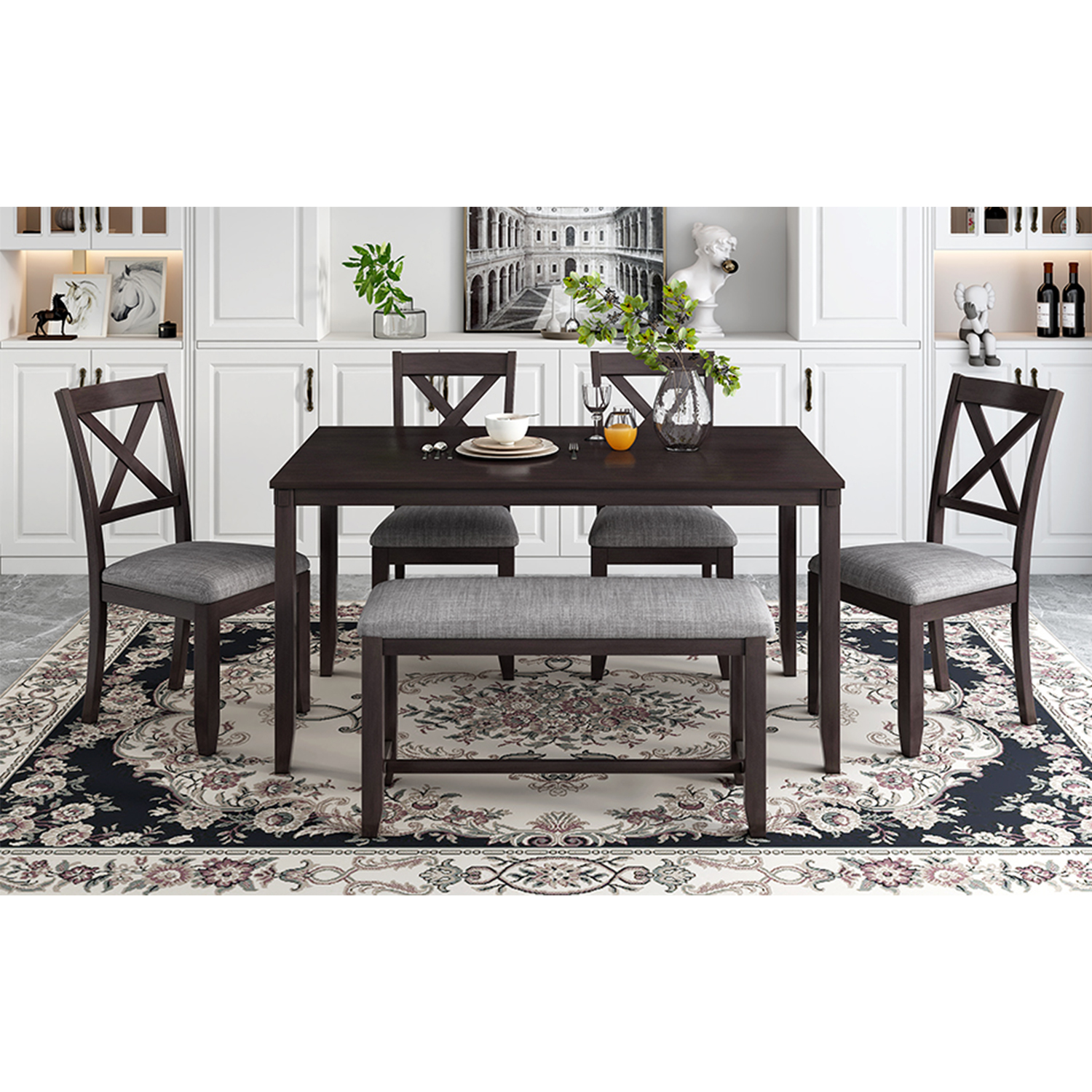 Kadyn Rectangular Dining Table Set 6 Pc, Wooden Modern Dining Chairs Seat, 6-piece Kitchen Dining Table Set Dining Table, 4 Dining Chairs and Bench, Espresso Kadyn Rectangular Dining Table Set 6 Pc, Wooden Modern Dining Chairs Seat, 6-piece Kitchen Dining Table Set Dining Table, 4 Dining Chairs and Bench, Espresso