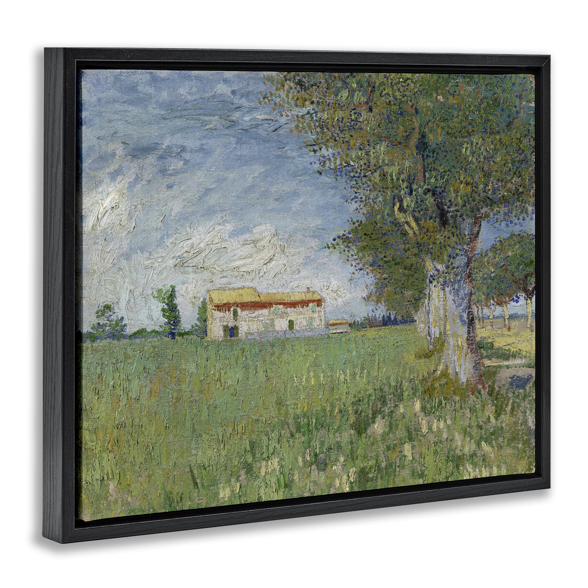 Stupell Industries Van Gogh Farmhouse in Corn Landscape & Nature Painting Black Floater Framed Canvas Art Print Wall Art, 21 x 17