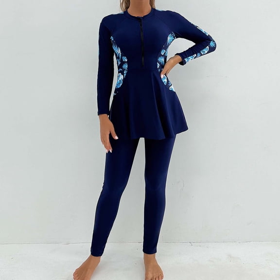 HOMBOM Womens Modest Rash Guard Bathing Suit Two Piece Swim Dress with Leggings Long Sleeve Blue Tummy Control Swimwear for Ladies