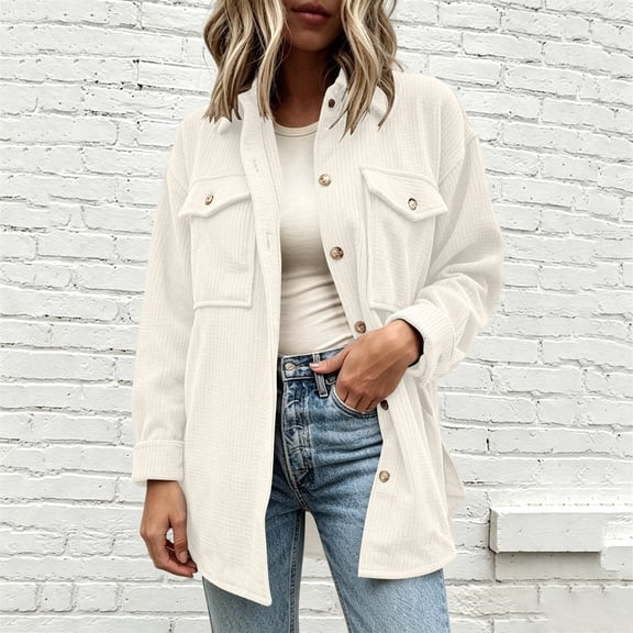 Mifsaly Womens Waffle Knit Shacket Lapel Collar Button Down Long Sleeve Shirt Jacket Relaxed Fit Work Office Daily Casual Fall Outerwear Beige,S