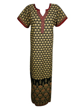 Mogul Womens Printed Nightwear Caftan Dress Short Sleeves Cotton Sleepwear Comfy Holiday Evening House Dress