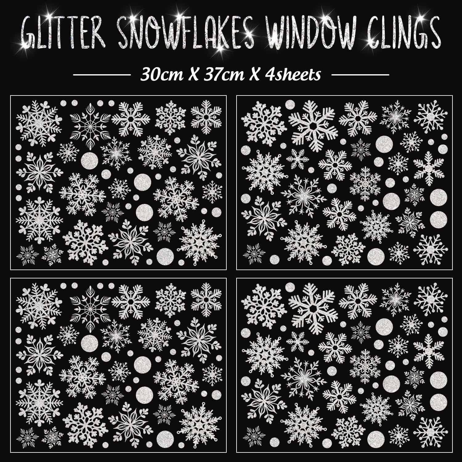 ​Glitter Snowflake Window Stickers 186PCS Christmas Sparkling Snowflake Window Clings Winter Wonderland Decorations Farmhouse Rustic Xmas Snowflake Decorations for Home School Christmas Party
