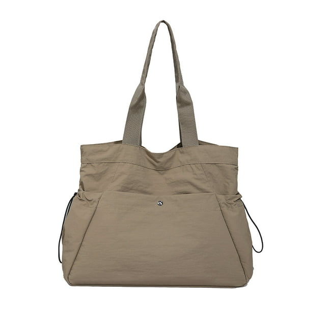 Khaki Women’S Tote Bag With Multiple Pockets, Drawstring Backpack For Work Travel Gym, Waterproof Nylon Carry All